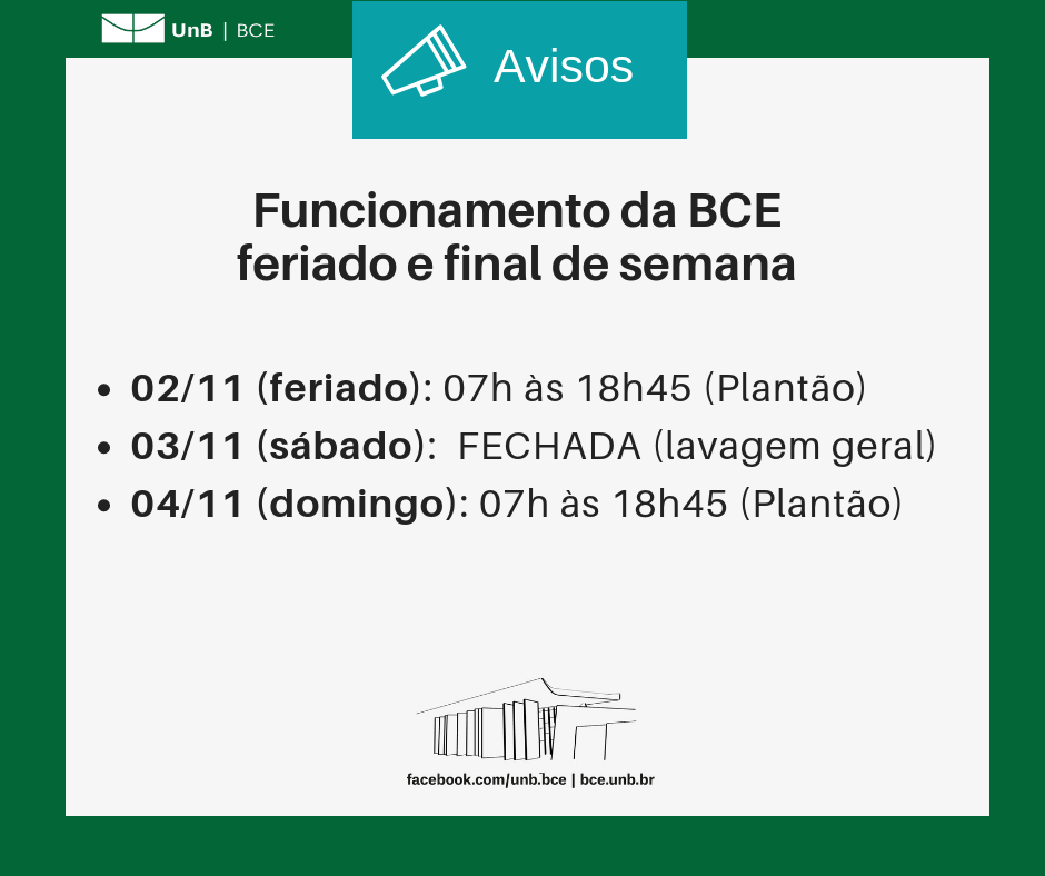 #PraCegoVer Funcionamento feriado e fim de semana: 02/11 (feriado): das 7h às 18h45; 03/11: FECHADA (lavagem geral); 04/11: das 7h às 18h45.