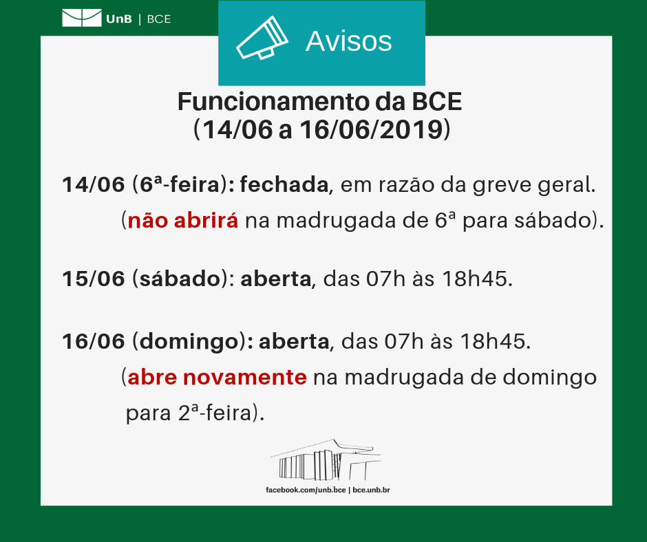 Texto: "Funcionamento da BCE (14/06/2019 a 16/06/2019). 14 de junho (sexta-feira): fechada, em razão da greve geral (não abrirá na madrugada de sexta-feira para sábado). 15 de junho (sábado): aberta, das 07h às 18h45. 16 de junho (domingo): aberta, das 07h às 18h45 (abre novamente na madrugada de domingo para segunda-feira)". Descrição da imagem: fundo branco com moldura verde, logo da UnB no canto superior esquerdo e imagem da BCE na parte central inferior.